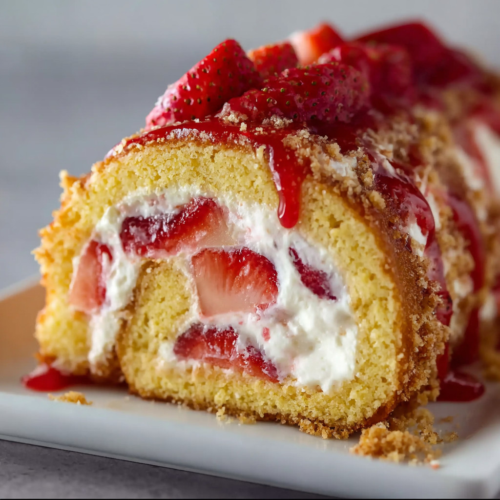 A slice of cake with strawberries and whipped cream.