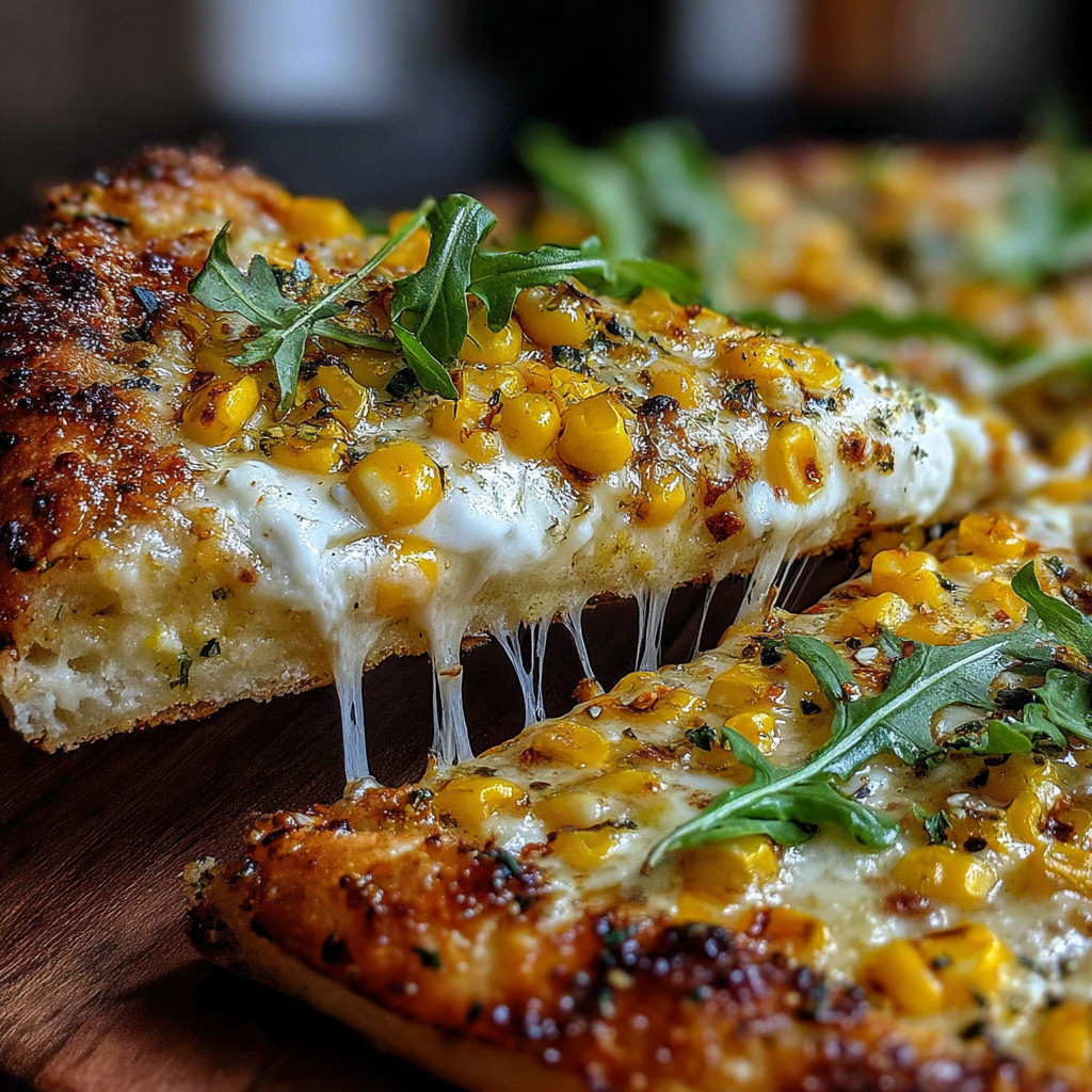 A slice of pizza with corn and cheese on it.