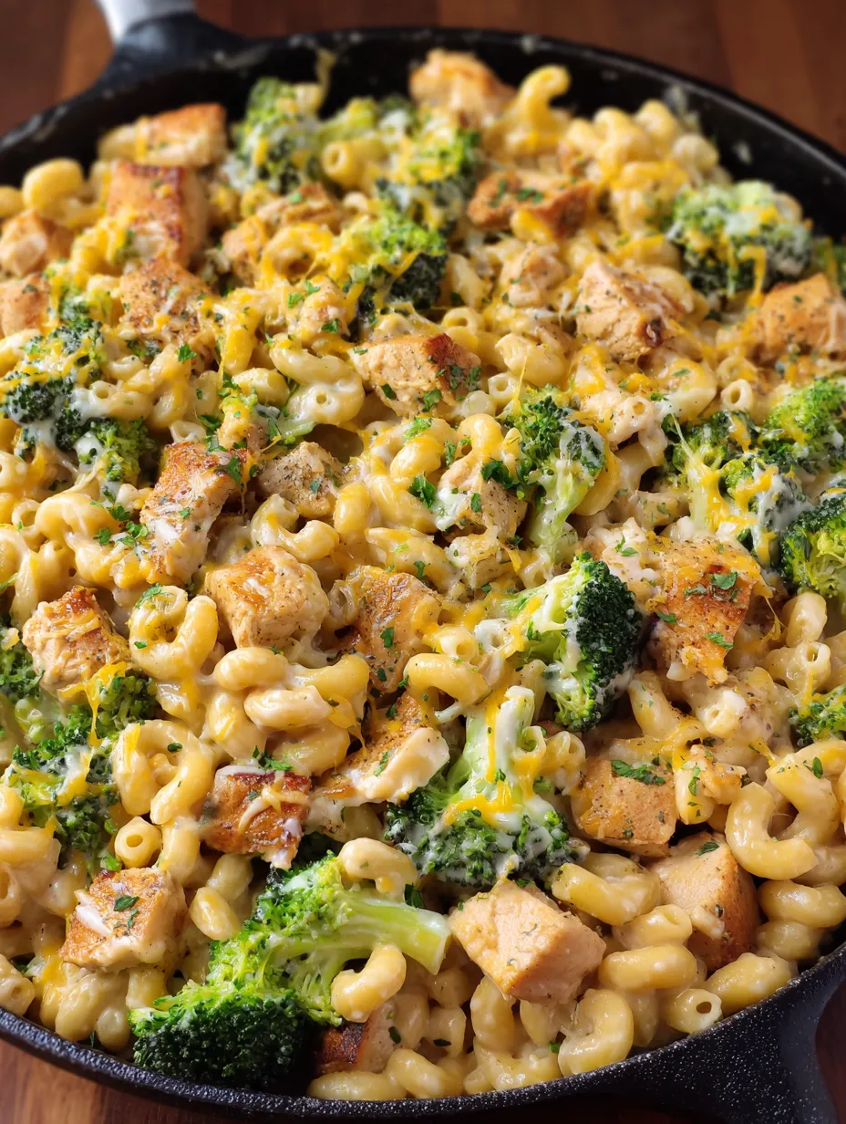 A close up of a delicious cheesy chicken broccoli mac.