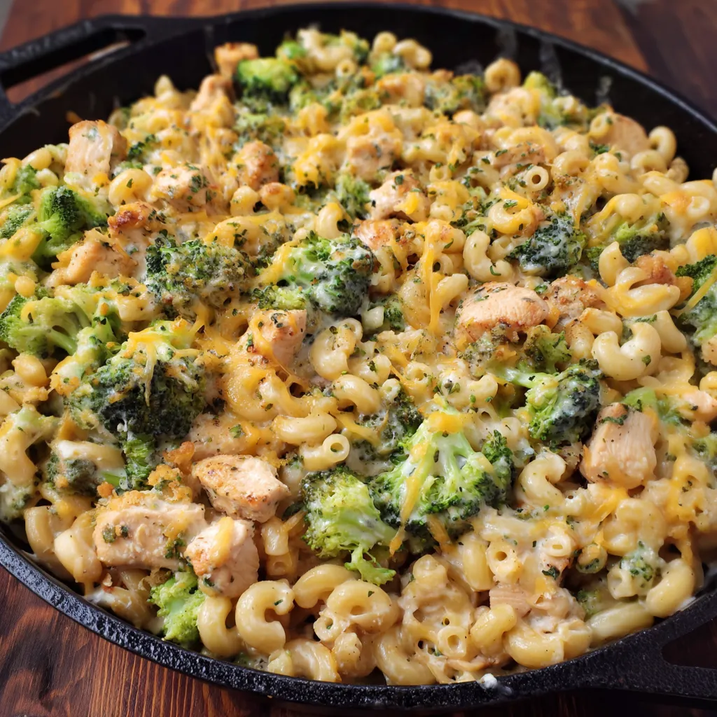A delicious cheesy chicken broccoli mac.