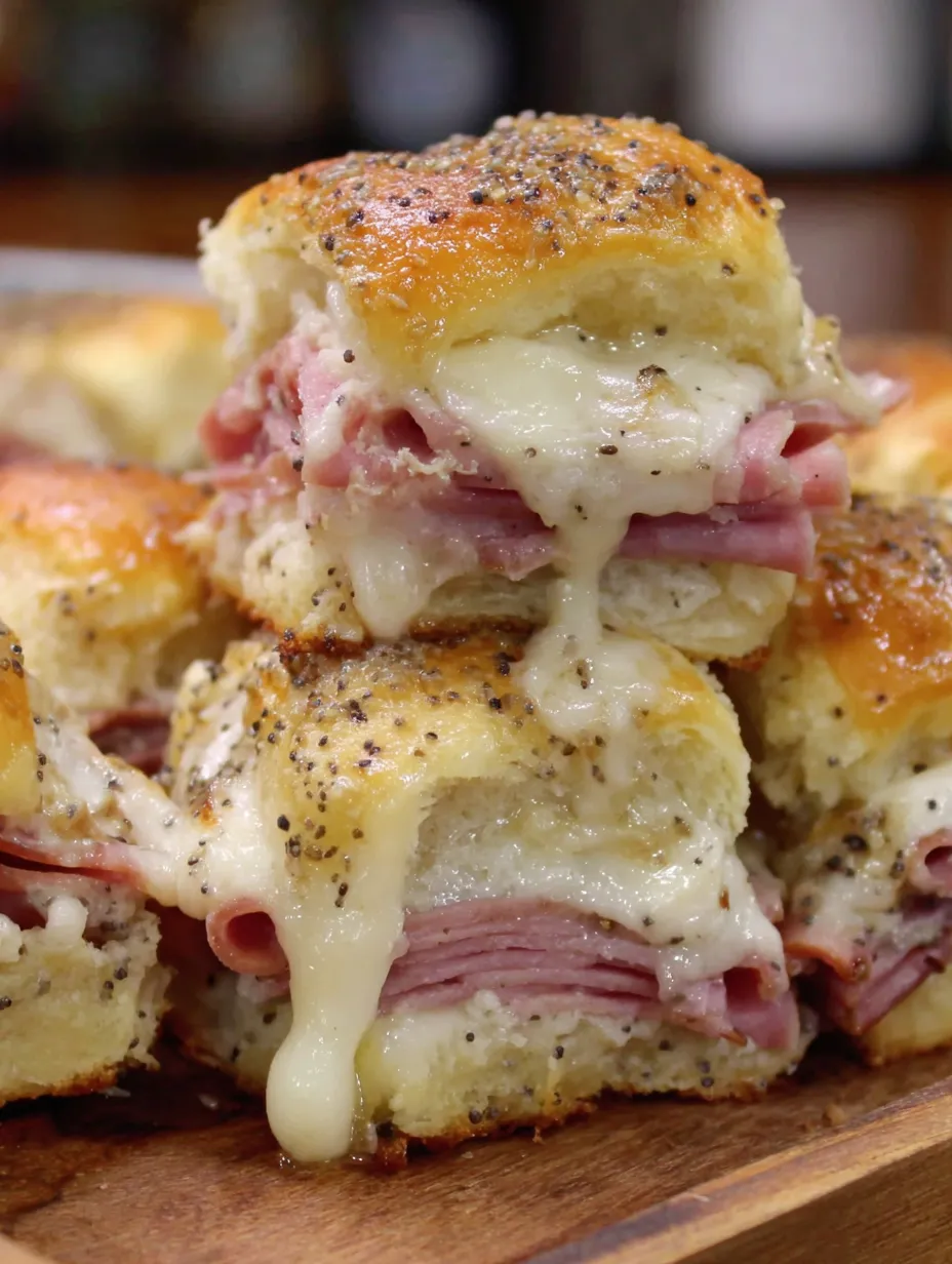 A stack of ham and cheese sliders.