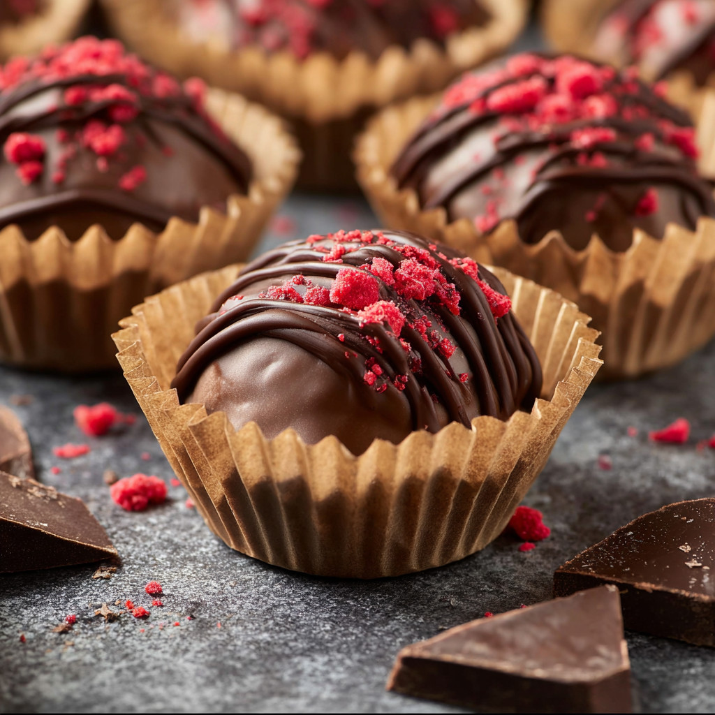 Chocolate cake with red icing and chocolate drizzle.