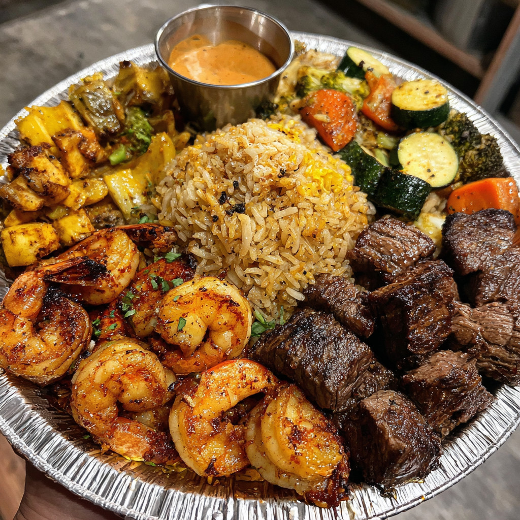 A plate of food with shrimp, rice, and vegetables.