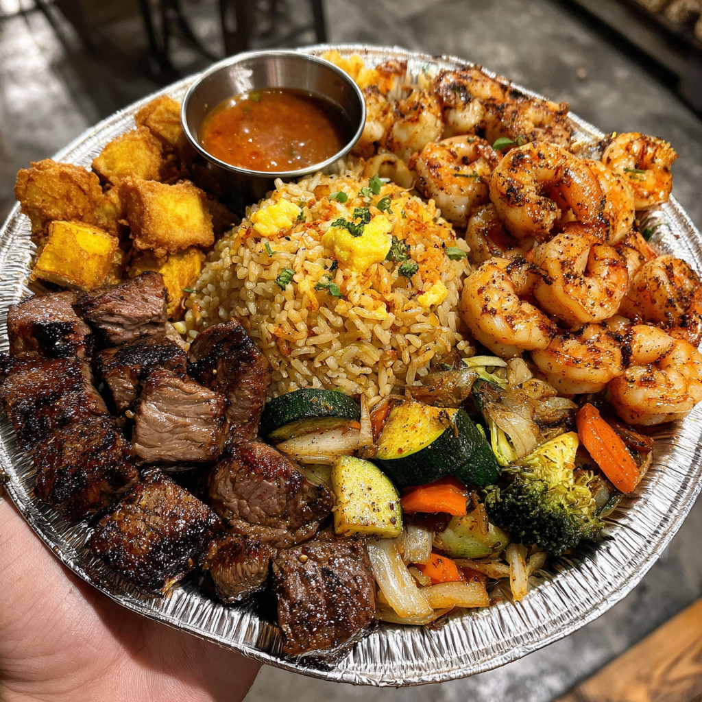 A plate of food with shrimp, rice, and vegetables.