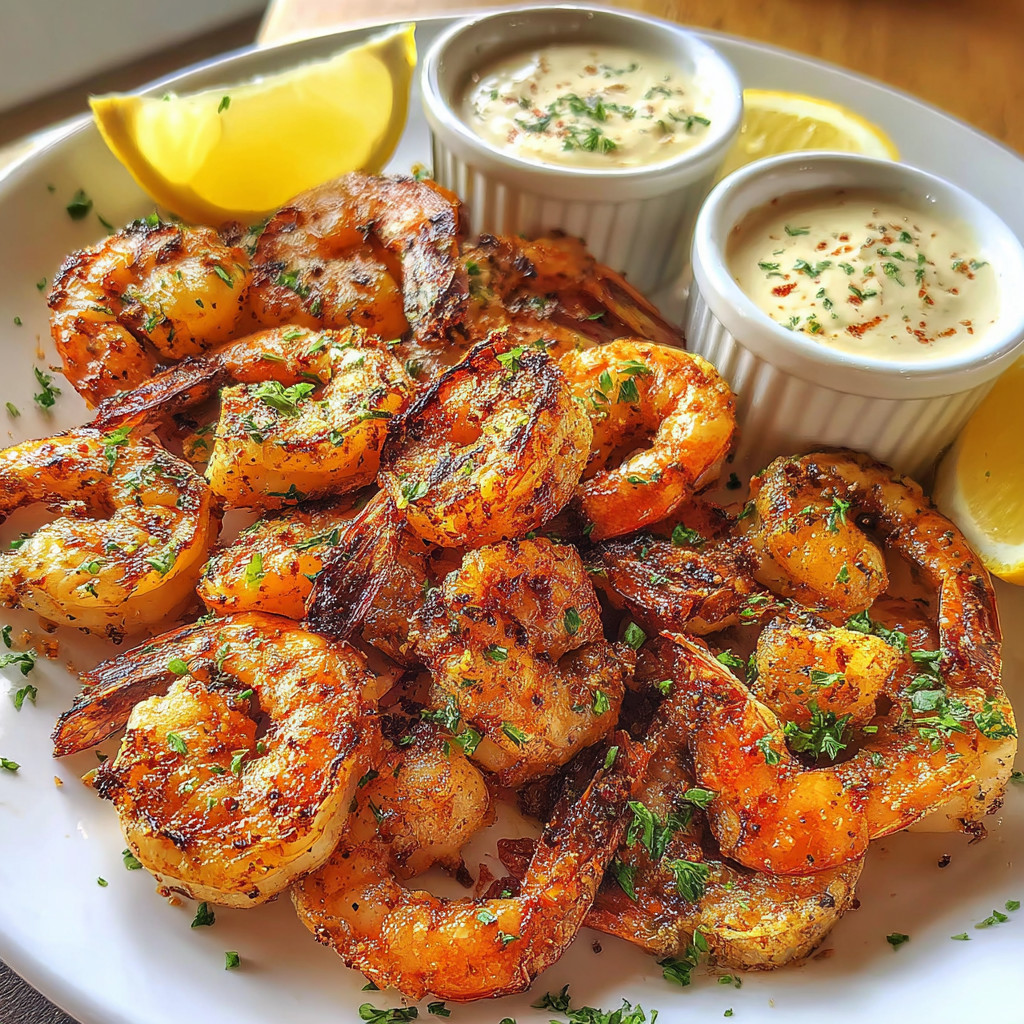 A plate of shrimp with garlic butter and lemon.