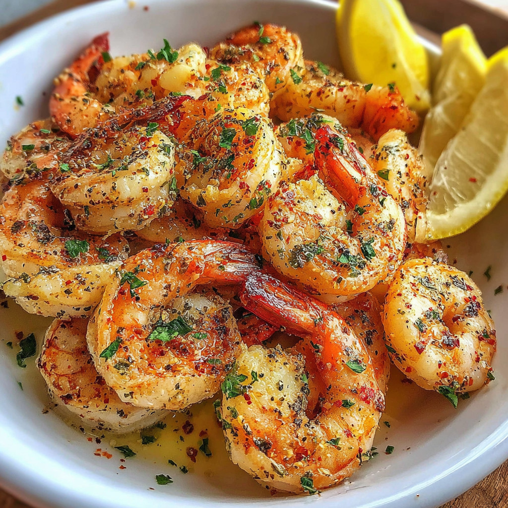 A bowl of shrimp with garlic butter and lemon.