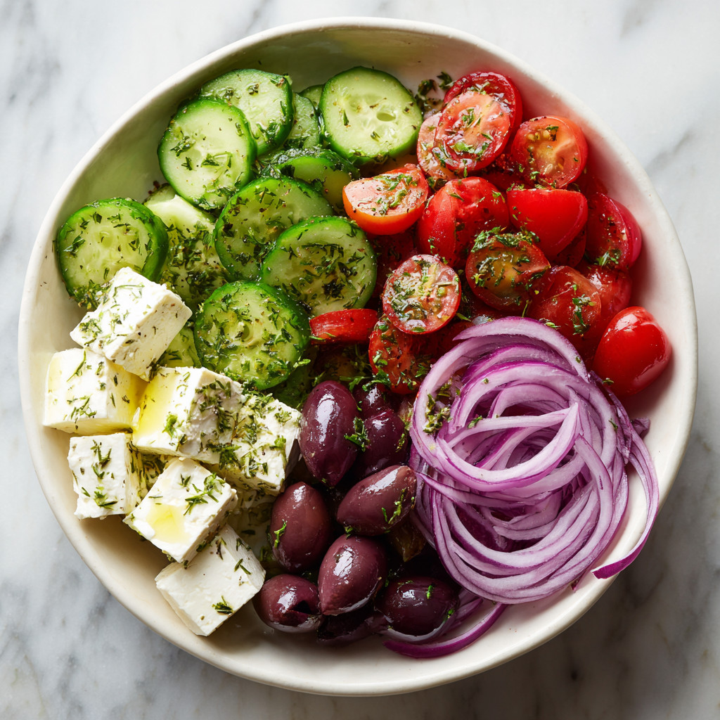 A bowl of vegetables including cucumbers, tomatoes, onions, and olives.