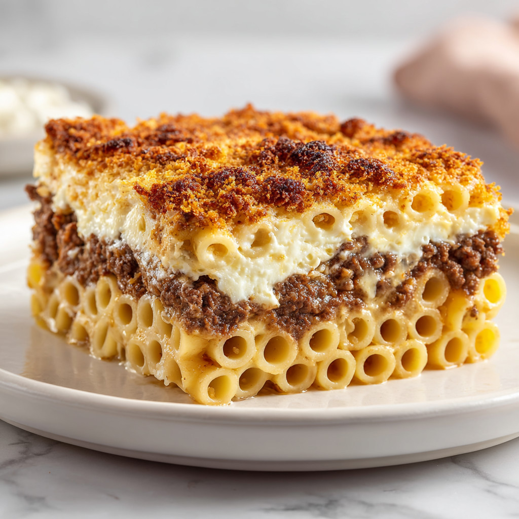 A slice of lasagna on a plate.