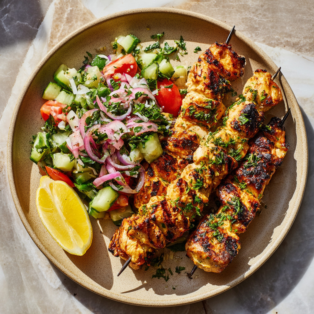 A plate of food with meat and vegetables.