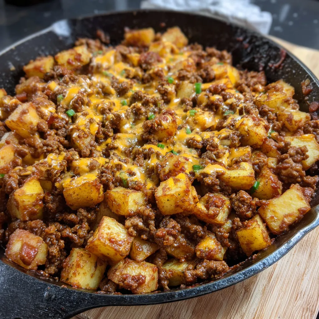 A skillet filled with sloppy joe and potatoes.