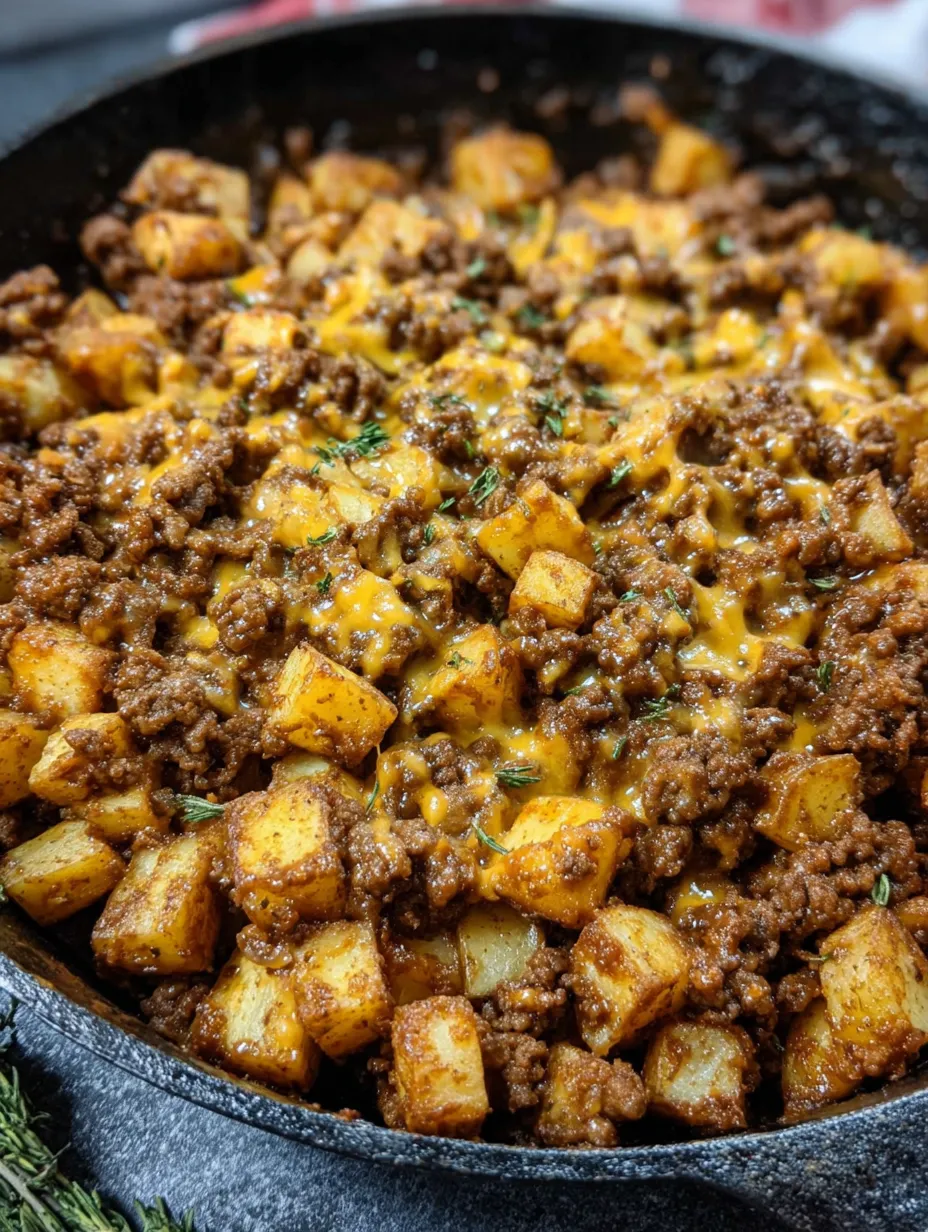 A skillet of sloppy joe with potatoes.