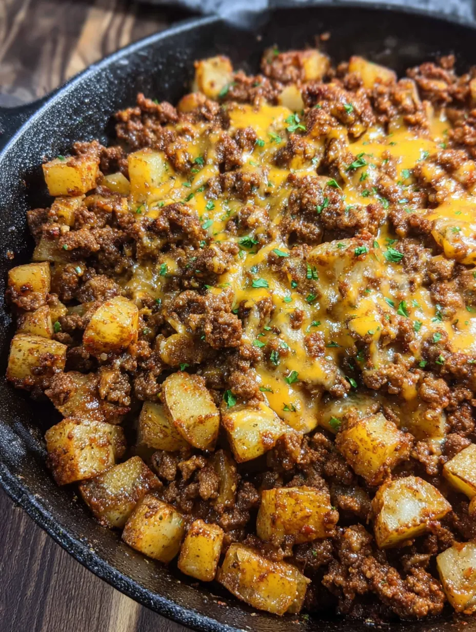 A skillet full of sloppy joe and potatoes.