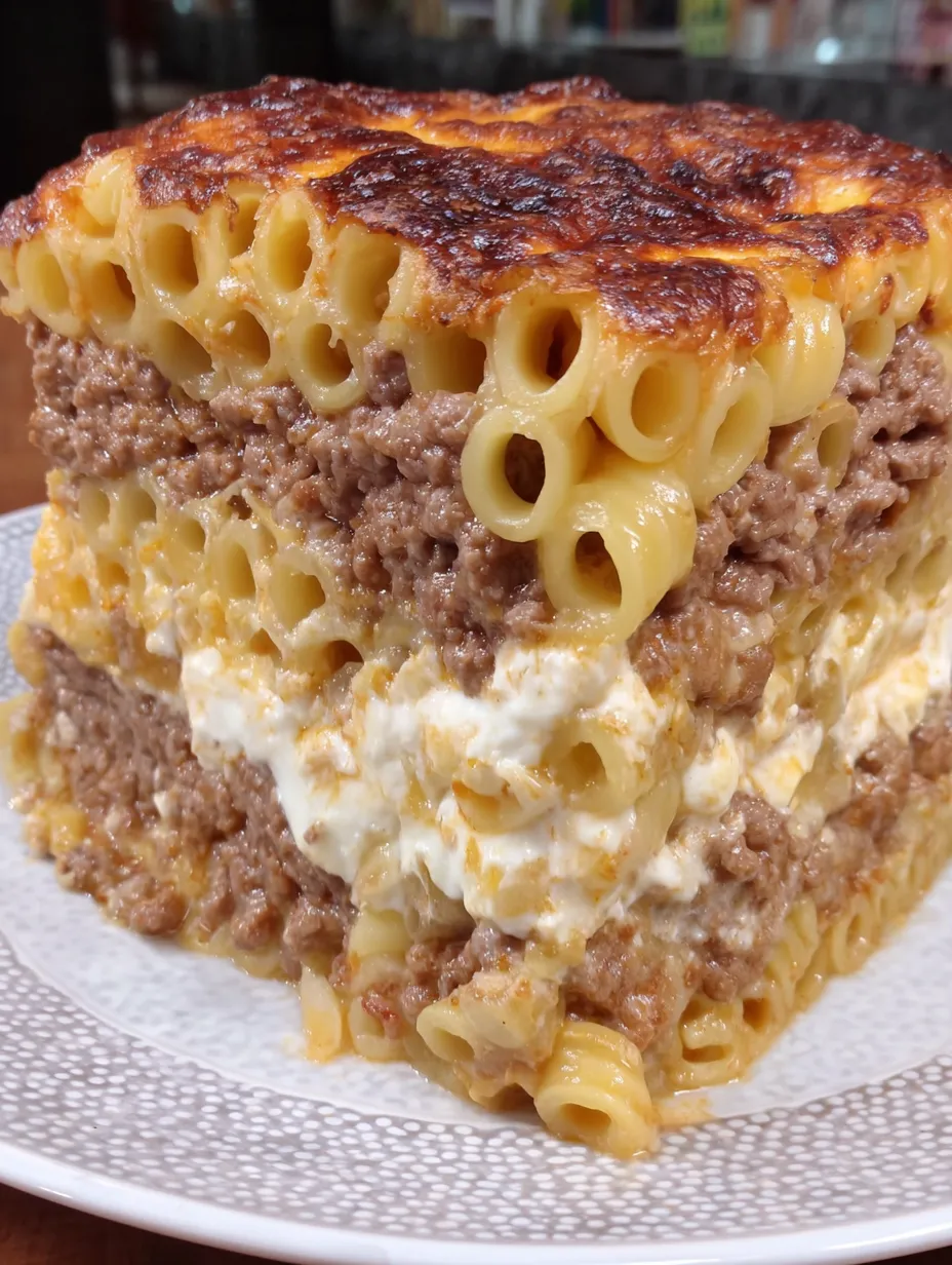 A large piece of pastitsio on a plate.