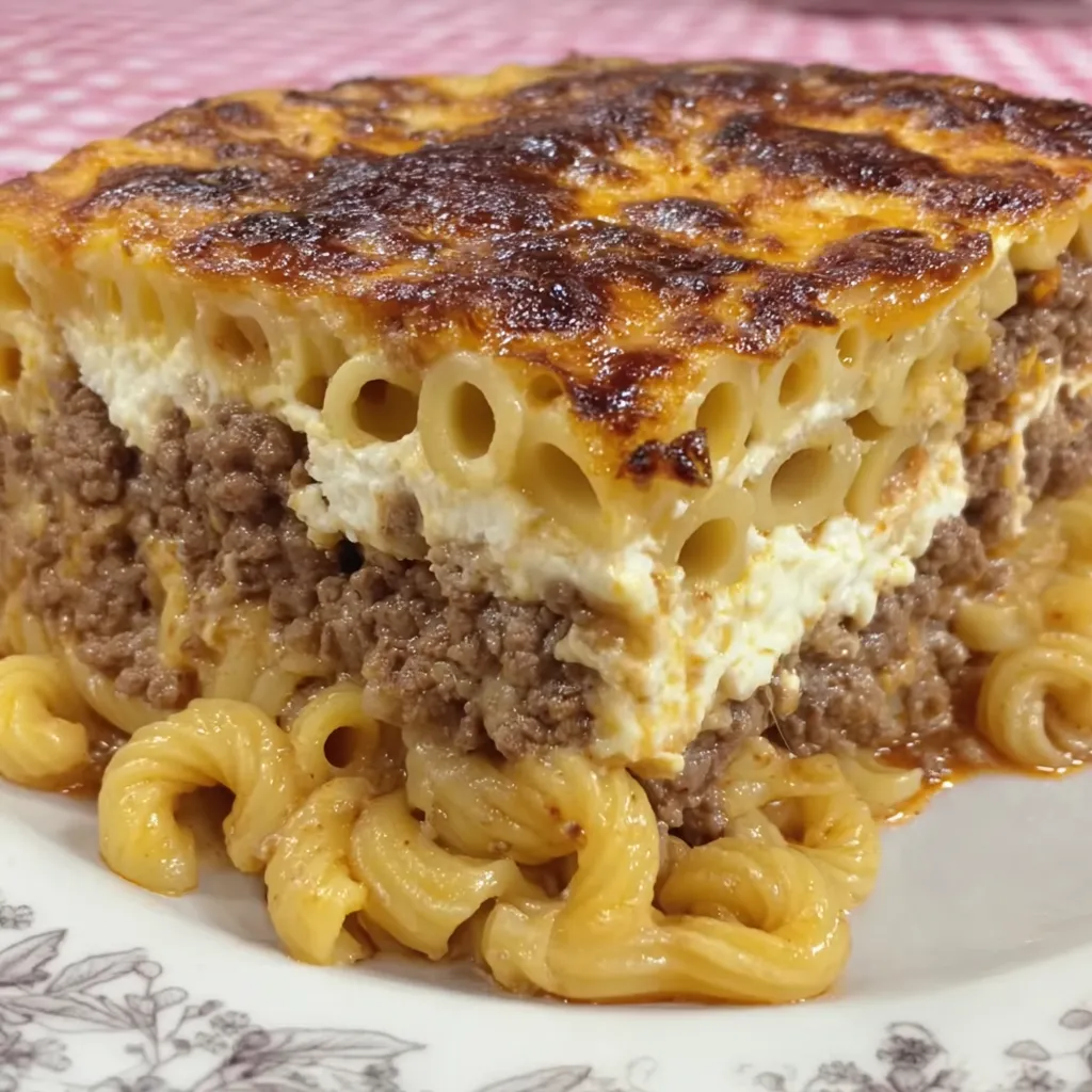 A slice of pastitsio on a plate.