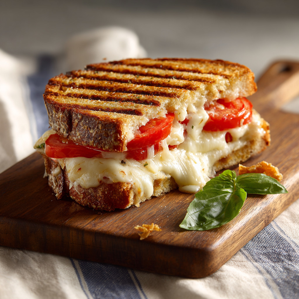 A sandwich with tomatoes and cheese on a wooden cutting board.