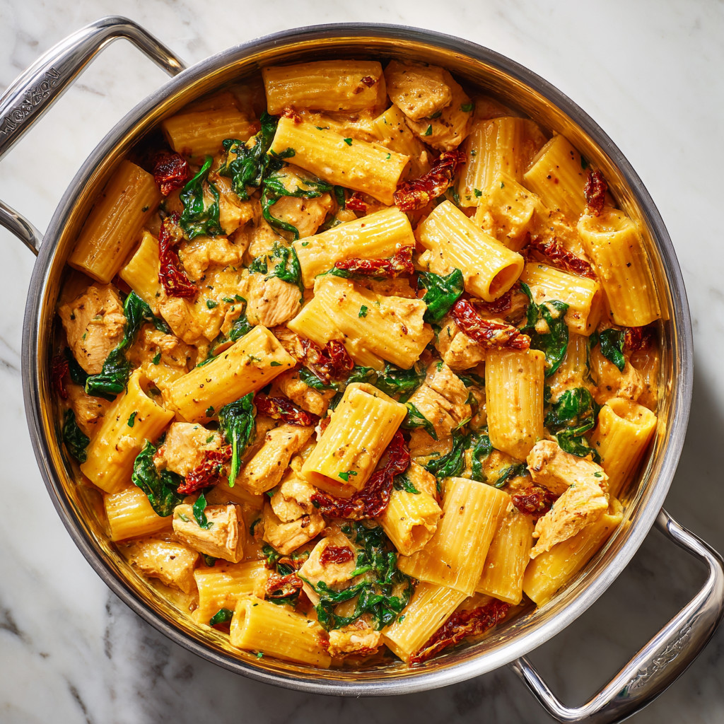 A bowl of pasta with chicken and spinach.