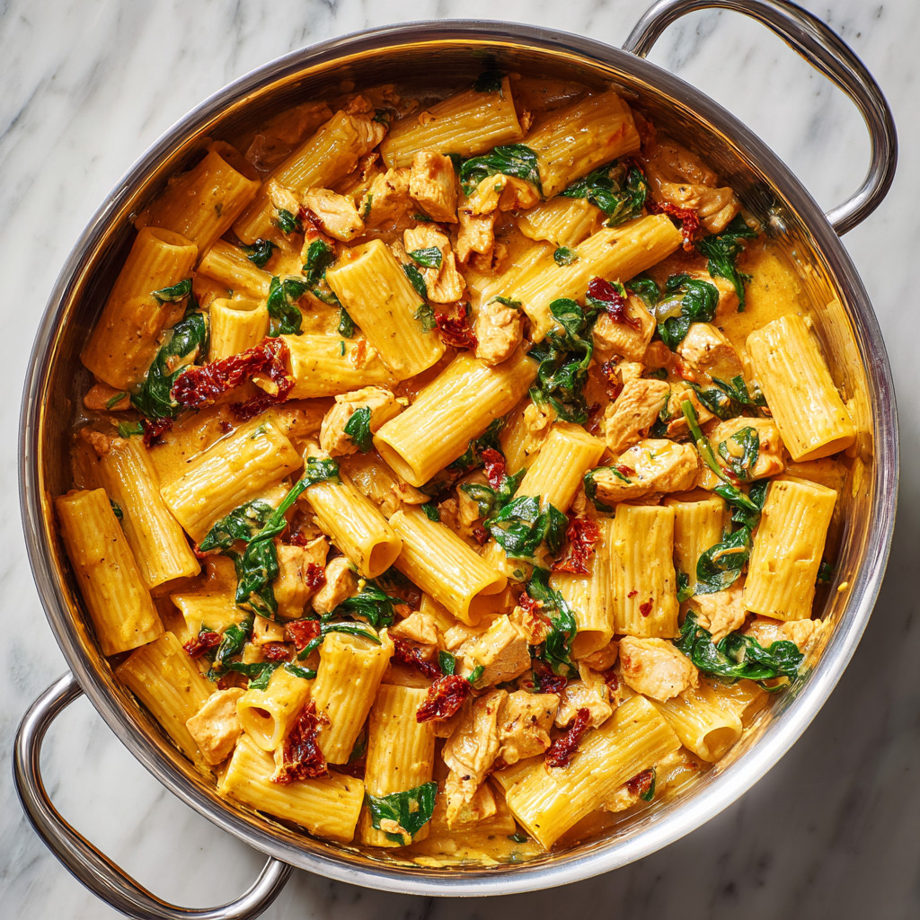 A bowl of pasta with chicken and spinach.