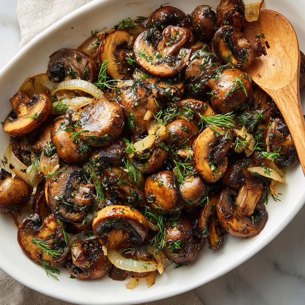 A bowl of mushrooms with onions and herbs.