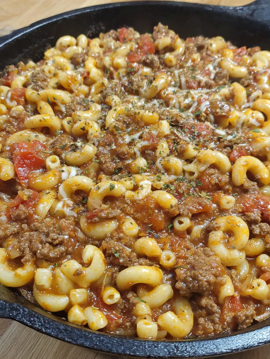 A close up of a delicious one pan American goulash.