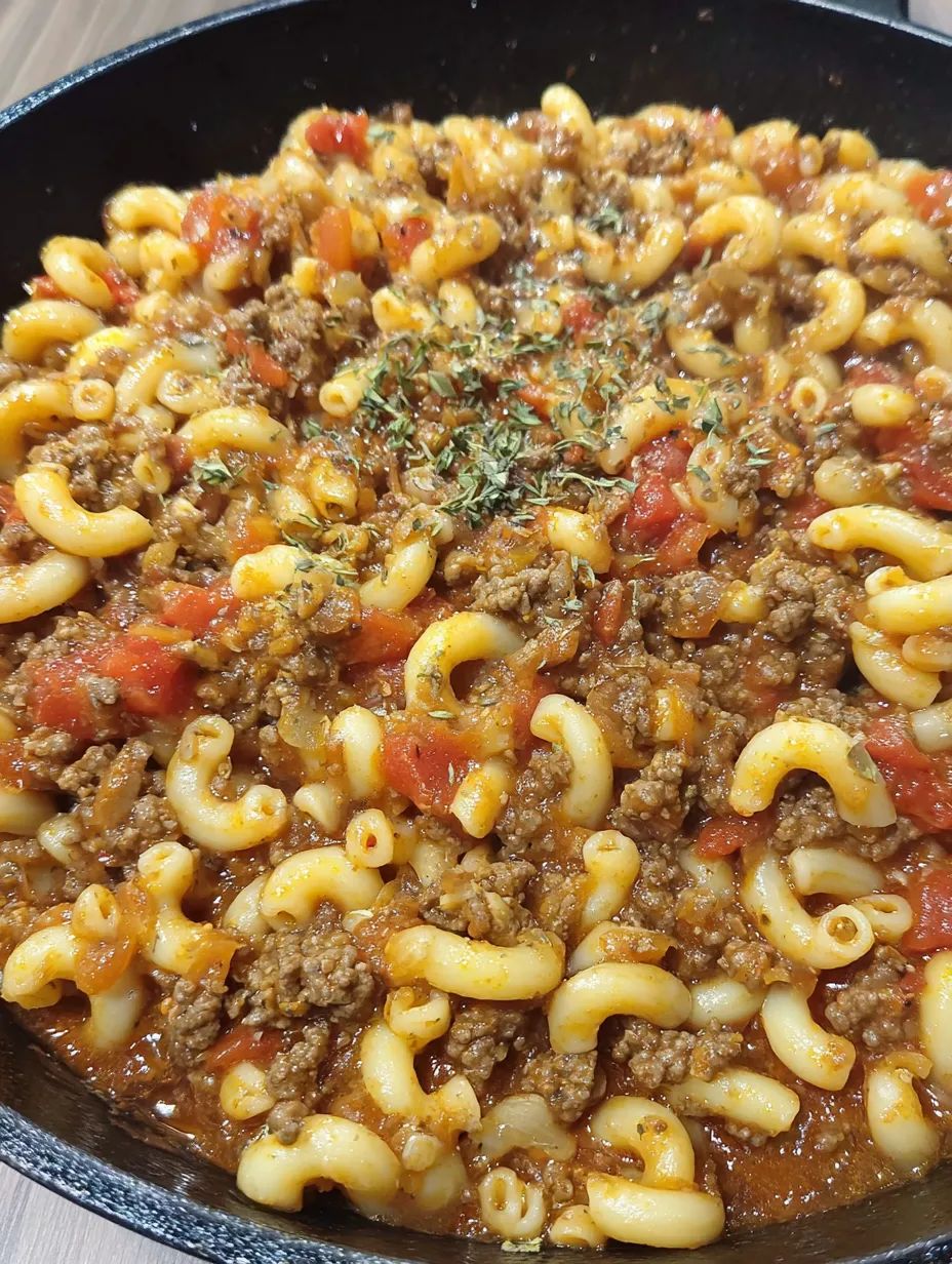 A close up of a delicious goulash with pasta and tomatoes.