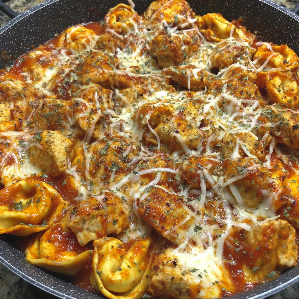 A delicious cheesy chicken parmesan tortellini dish.
