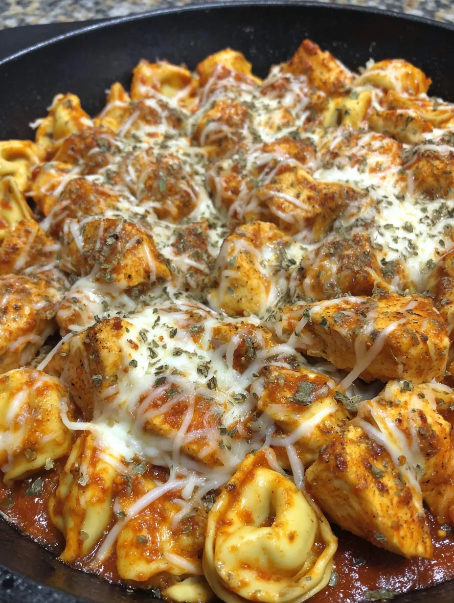 A close up of a cheesy chicken parmesan tortellini.