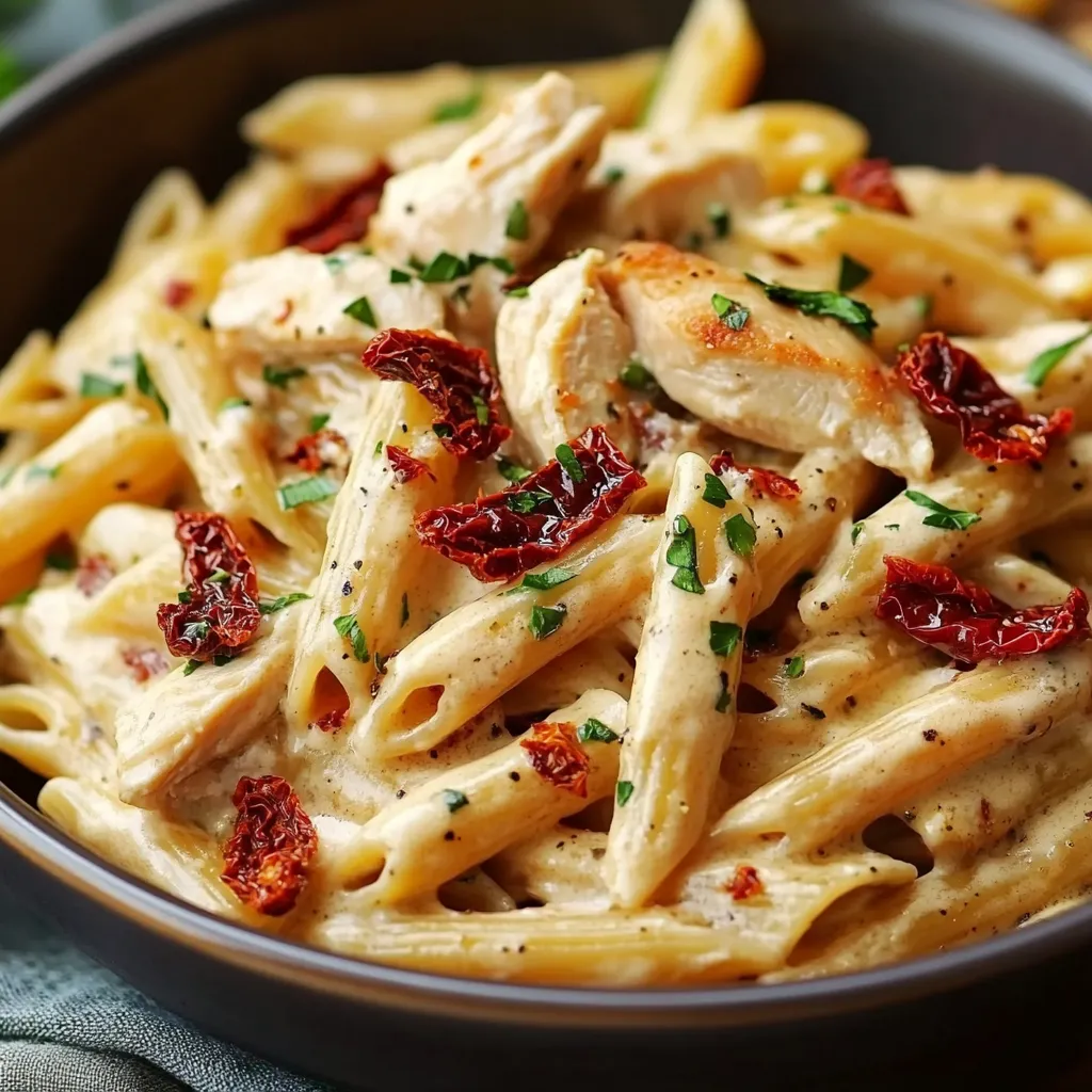 A bowl of pasta with chicken and red peppers.
