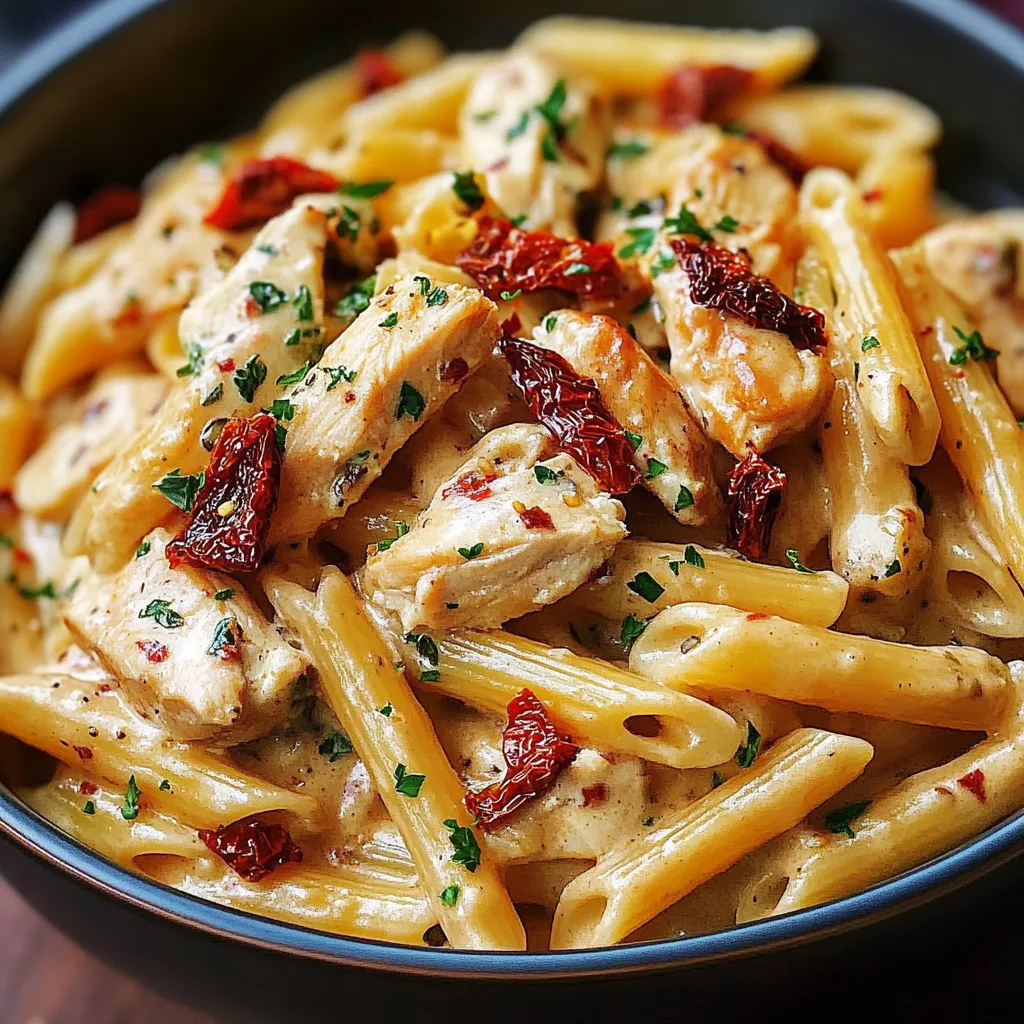 A bowl of pasta with chicken and red peppers.