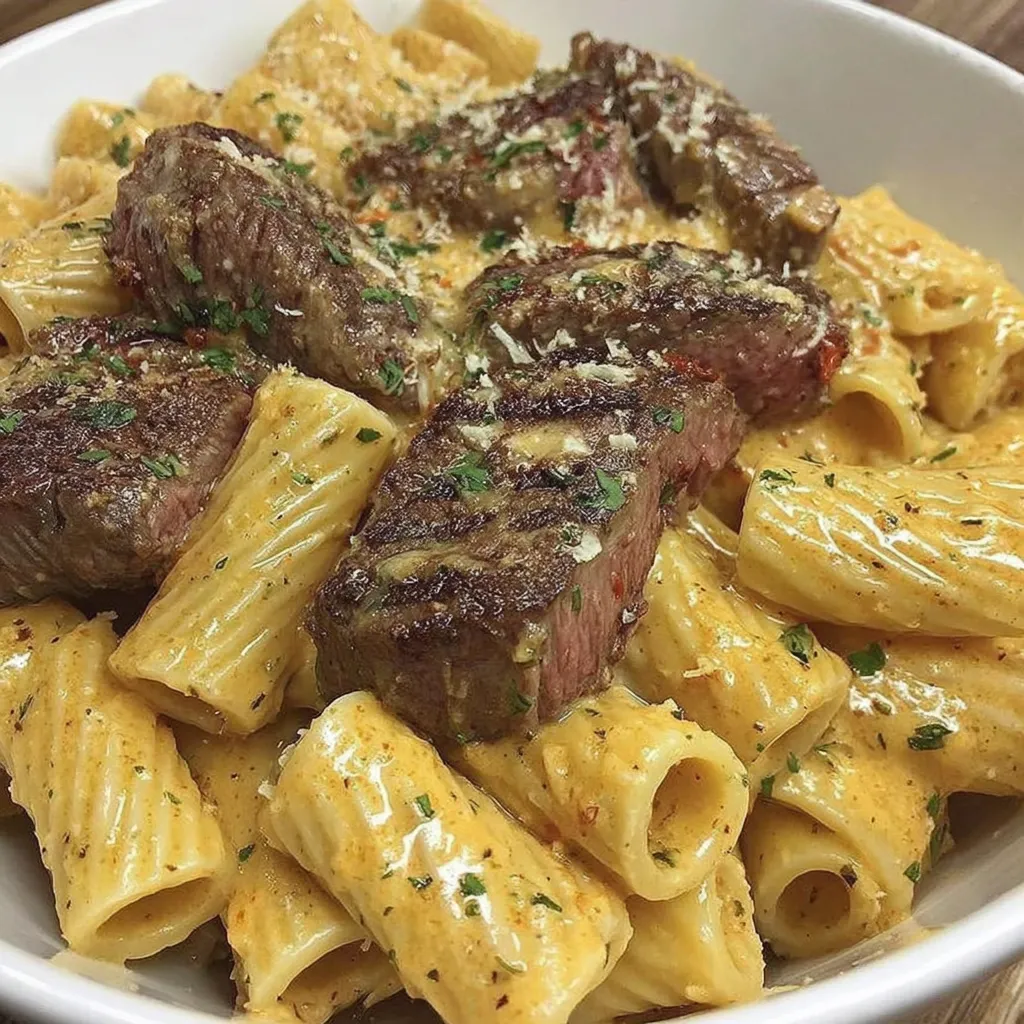 A bowl of creamy steak and pasta.