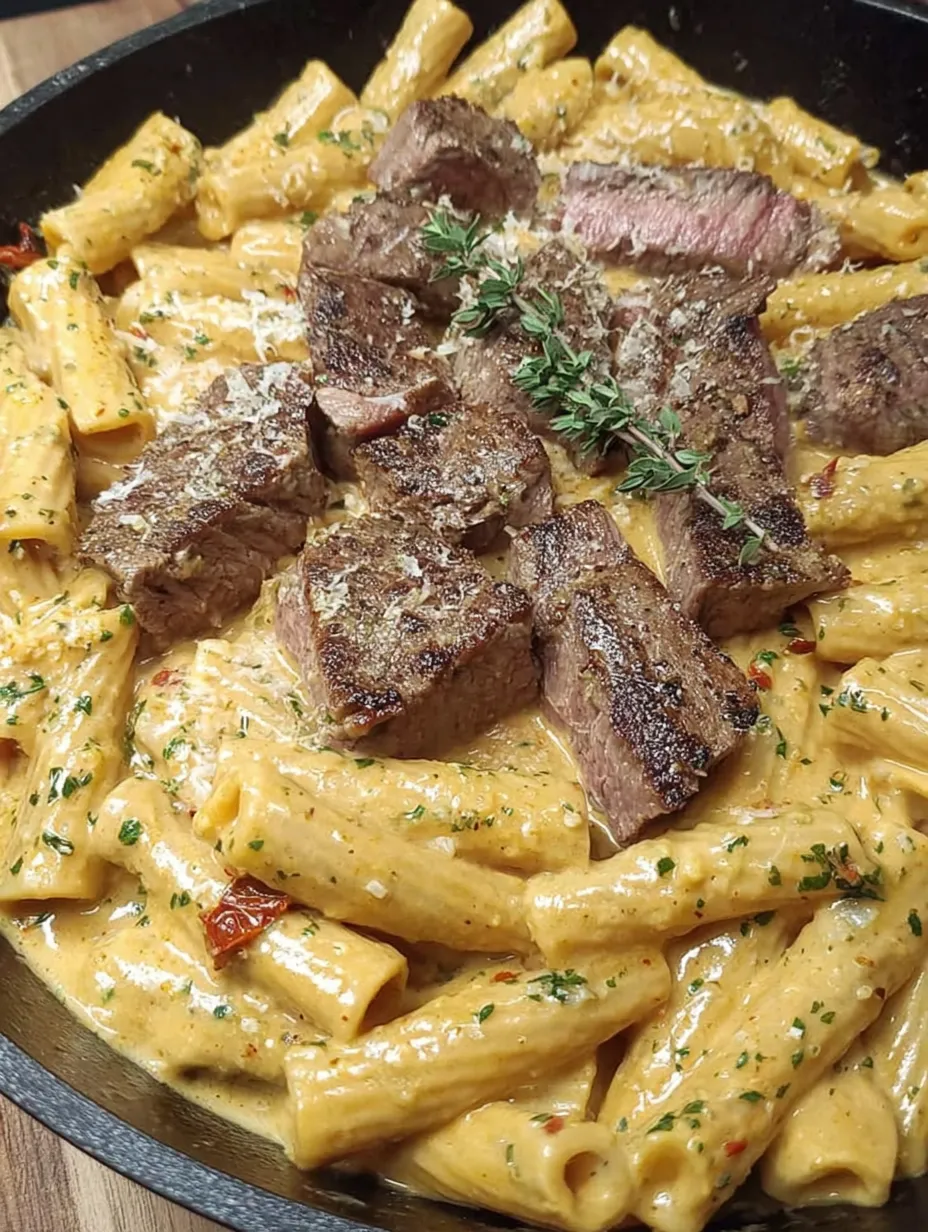 A dish of creamy steak and pasta.