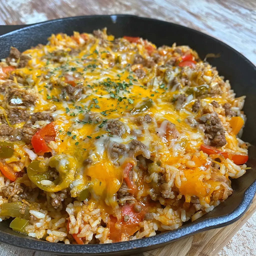 A skillet filled with rice and meat.