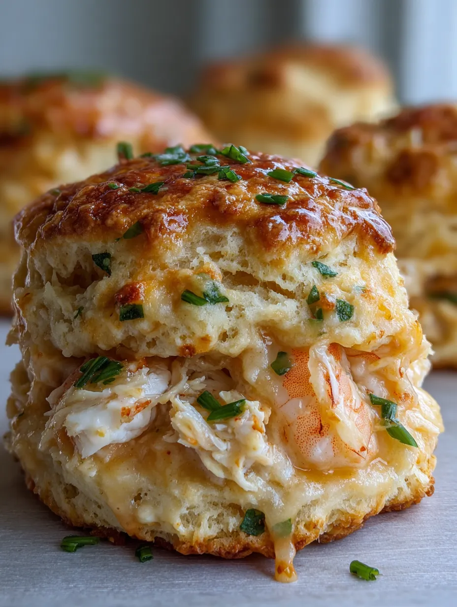 A biscuit with crab meat and garlic butter.