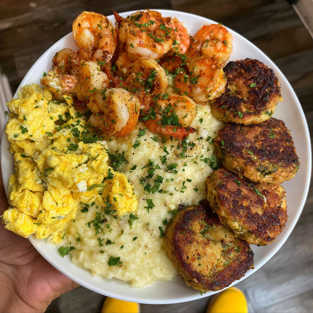 A plate of food with shrimp, scrambled eggs, and grits.