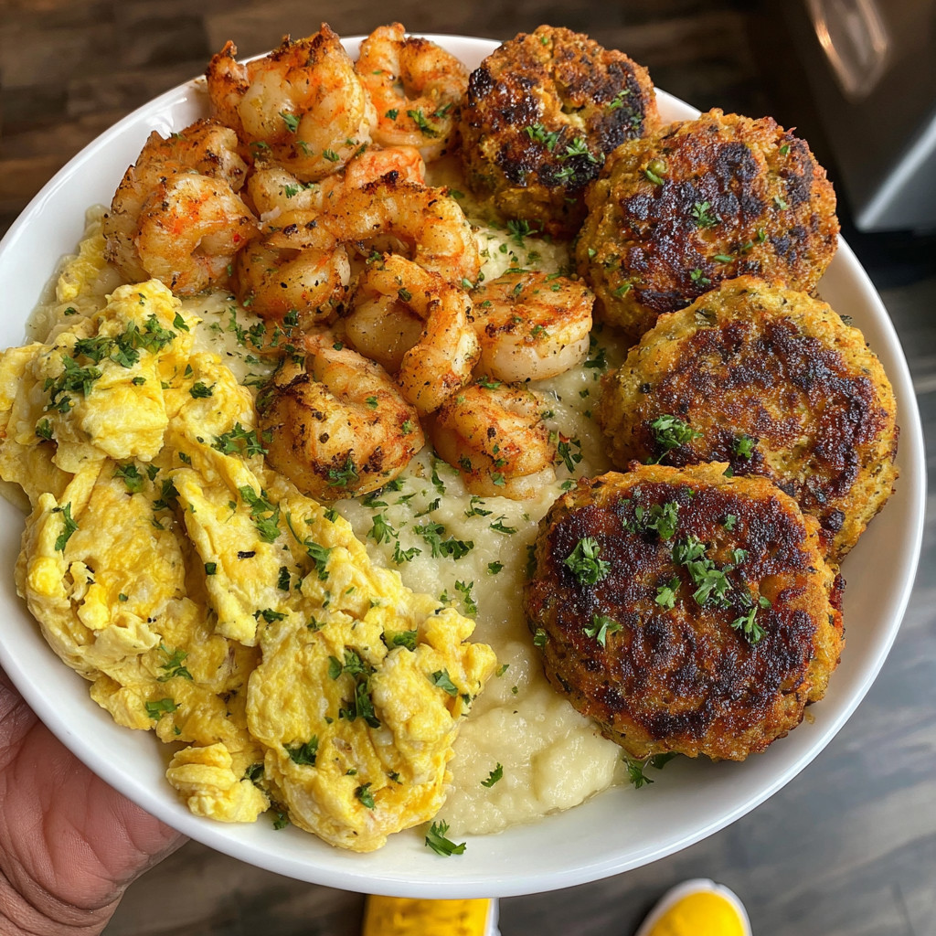 A plate of food with shrimp, scrambled eggs, and grits.
