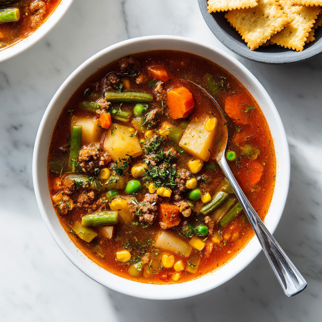 A bowl of soup with meat and vegetables.