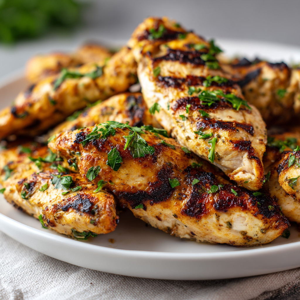 A plate of grilled chicken with herbs.