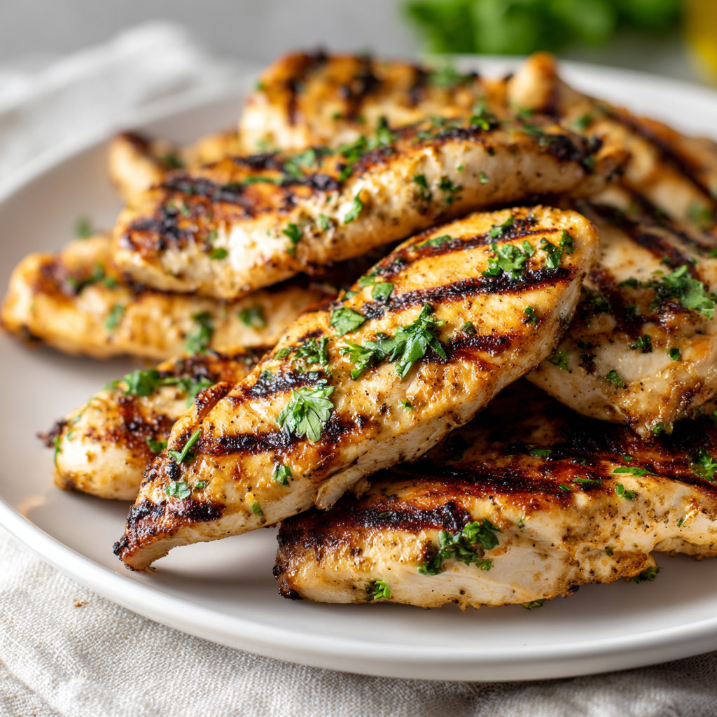 A plate of grilled chicken with herbs.