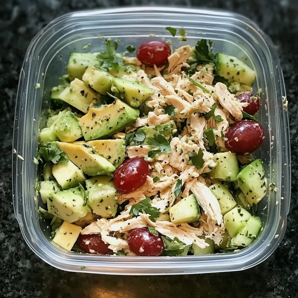 A bowl of chicken salad with avocado and cherry tomatoes.