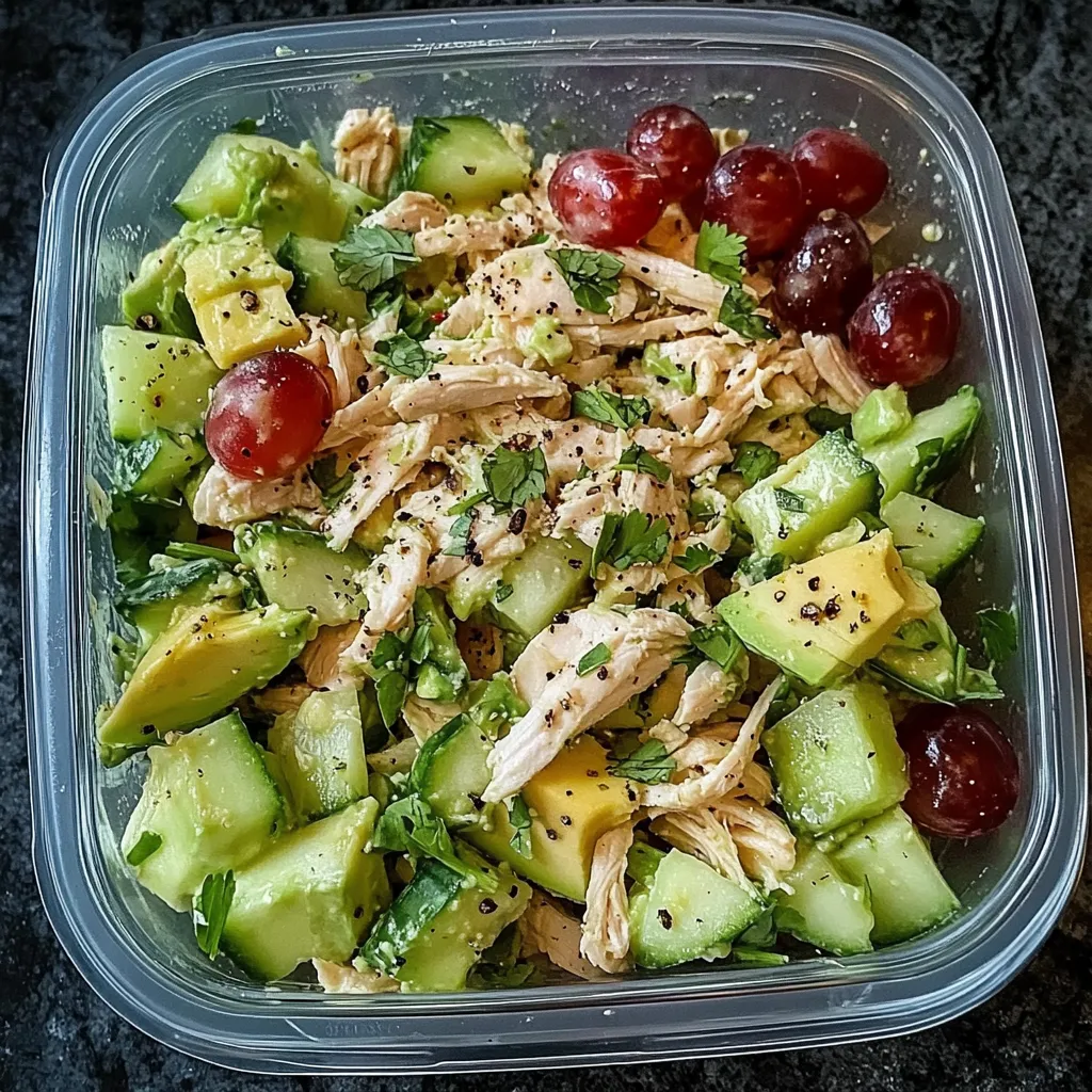 A bowl of food with chicken, grapes, and avocado.