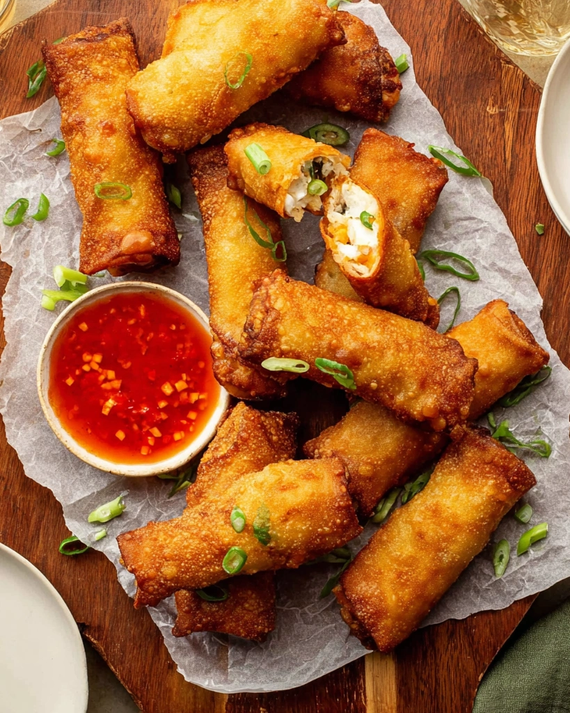 A plate of crab rangoon egg rolls with sweet chili sauce.