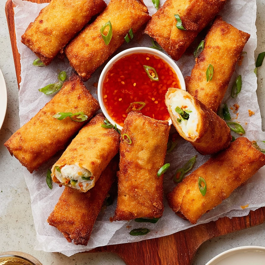 A plate of crab rangoon egg rolls with sweet chili sauce.