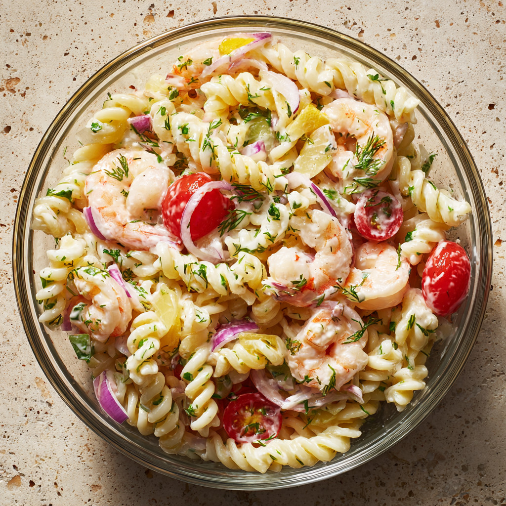 A bowl of pasta with shrimp and tomatoes.