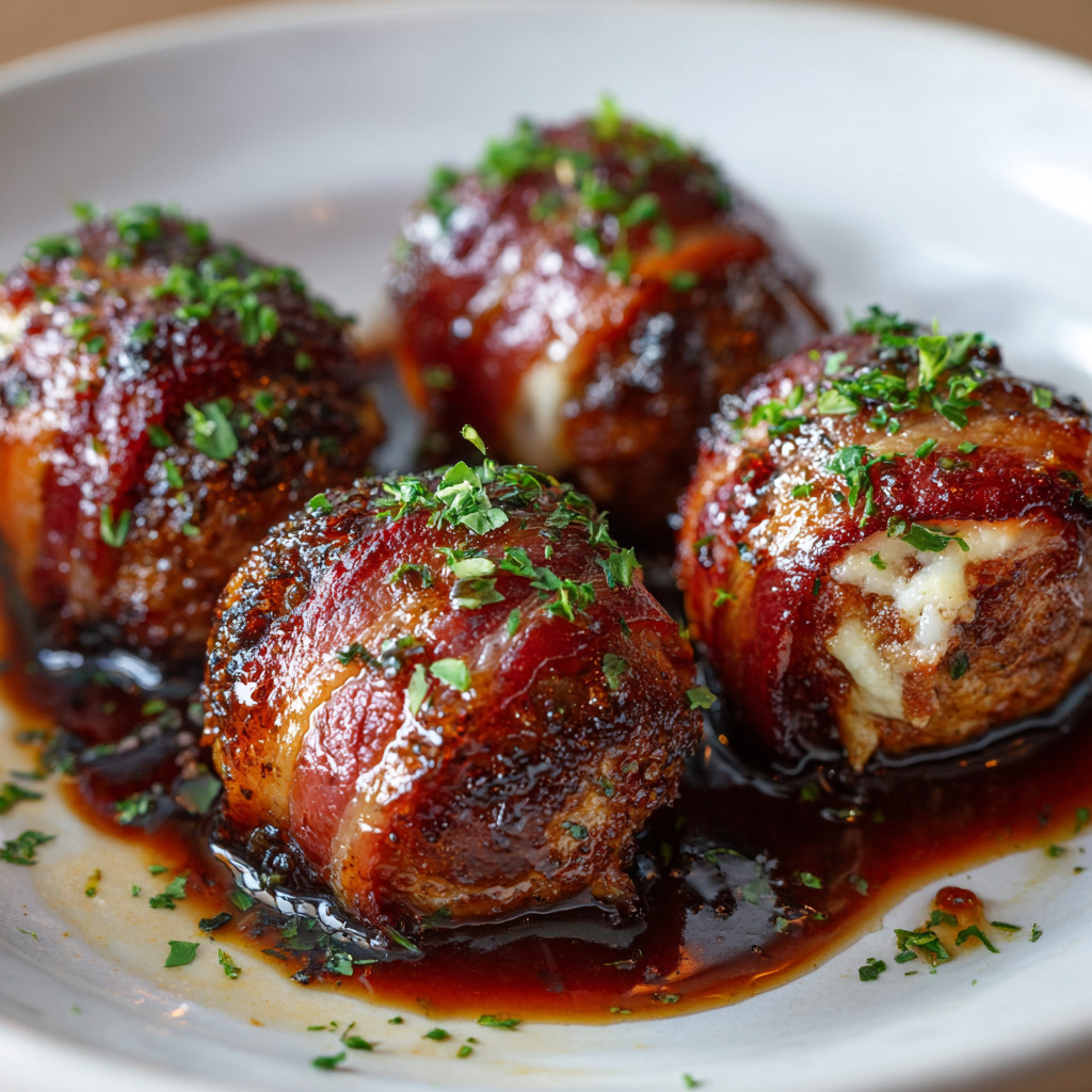 Bacon wrapped meatballs on a white plate.