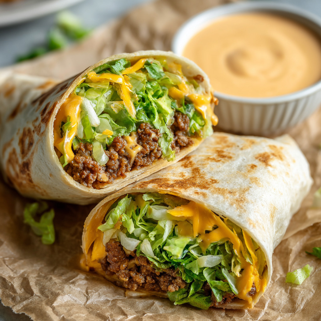 A burrito with cheese and lettuce.