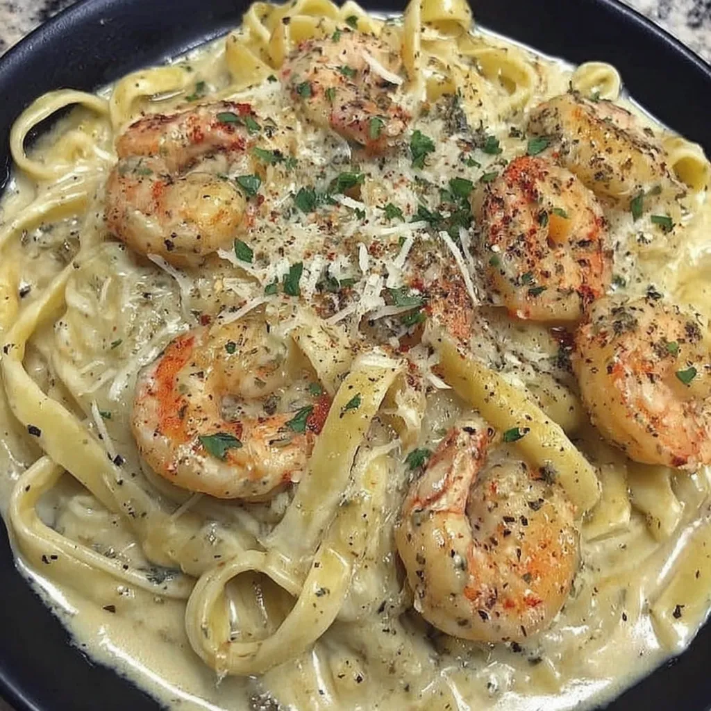 A bowl of shrimp alfredo with noodles and cheese.