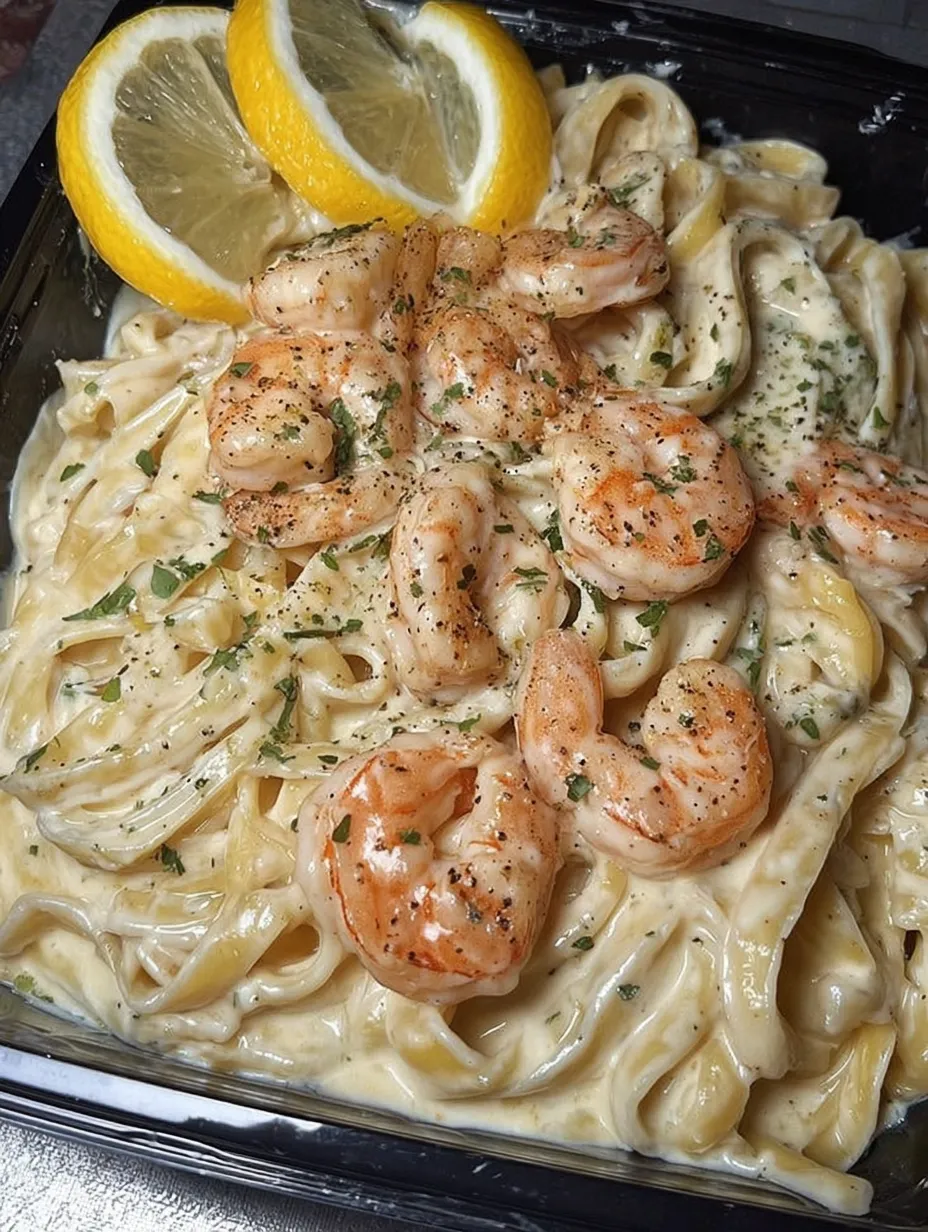 A dish of shrimp alfredo with a lemon wedge on top.