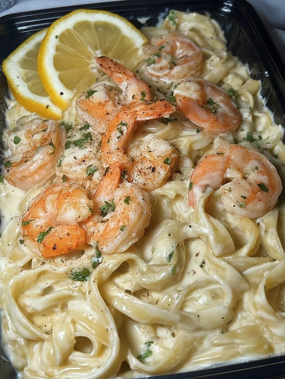 A dish of shrimp alfredo with a lemon wedge on top.