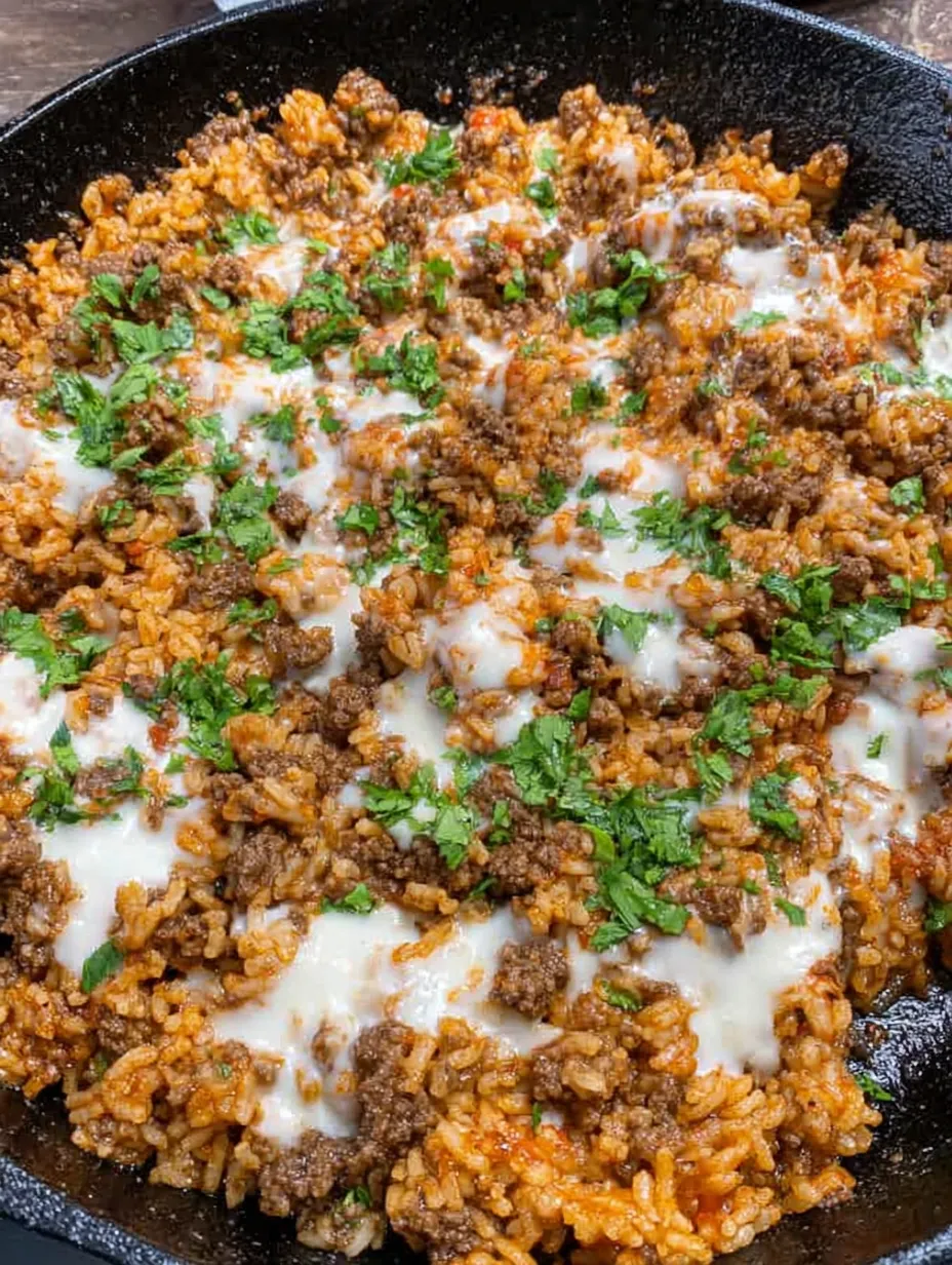 A close up of a delicious cheesy beef and rice skillet.