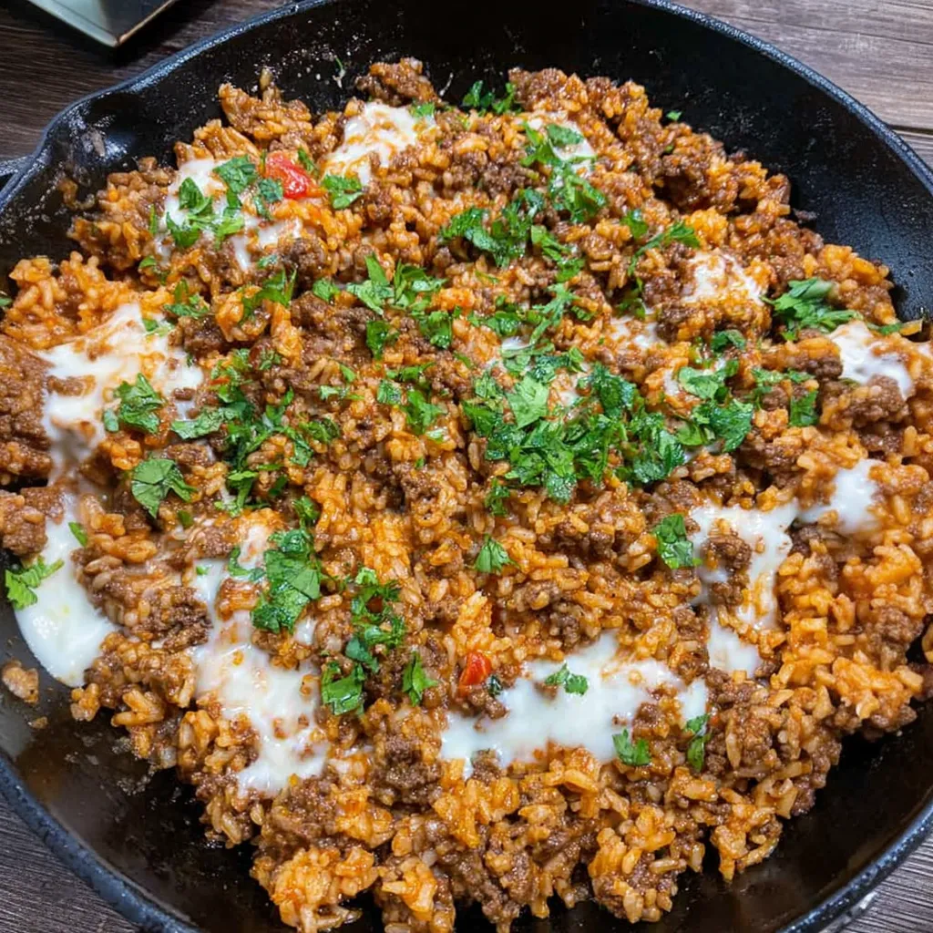 A skillet filled with beef and rice.