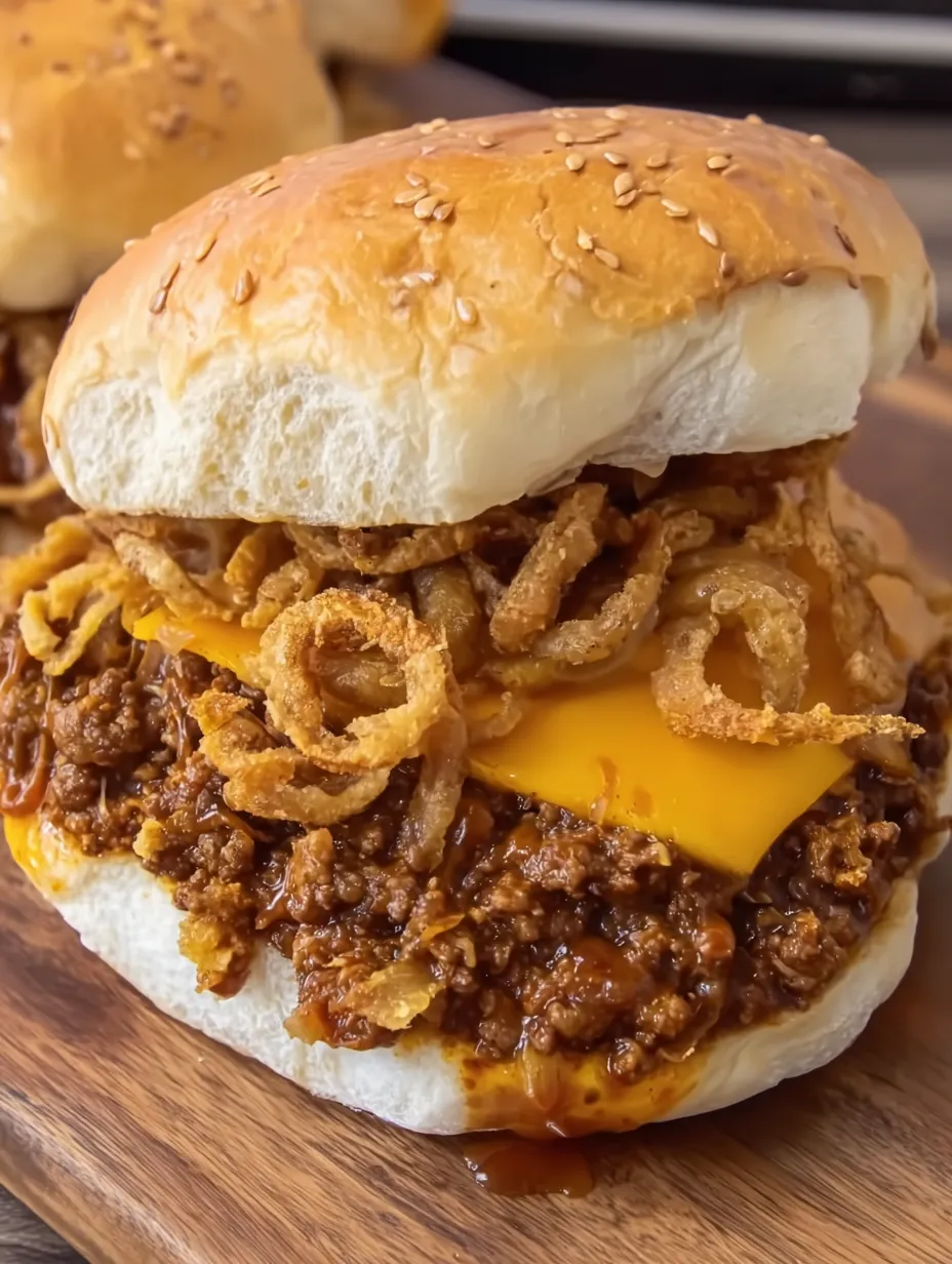 A sloppy joe sandwich with onions and cheese.